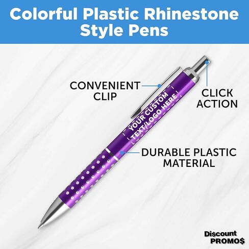 DISCOUNT PROMOS Personalized Retractable Rhinestone Accent Pens Set of 10/50/100, Bulk Plastic Pens Customizable Text Logo - Purple in Kuwait