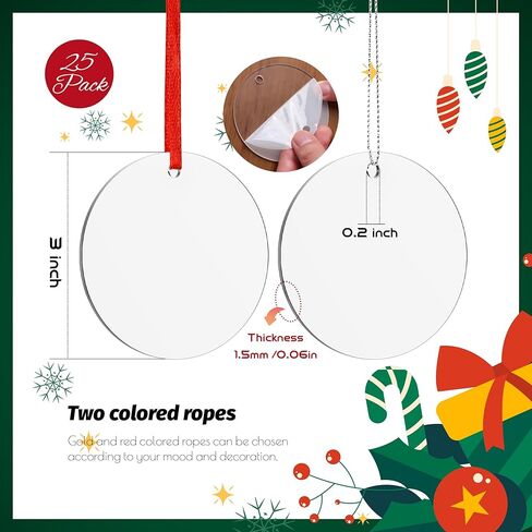Joyclub 25 Pcs 3'' Clear Acrylic Ornament Blanks Bulk, Round Plastic Circles with Hole & Hanging Wires, Clear Acrylic Discs for Vinyl, Engraving, Painting, Gift Tags & Christmas Tree Decor in Kuwait