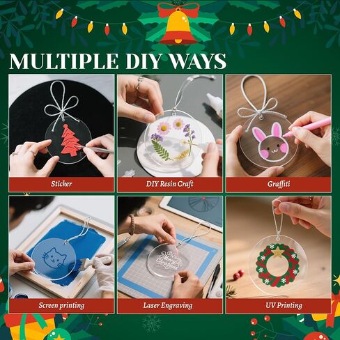 Joyclub 25 Pcs 3'' Clear Acrylic Ornament Blanks Bulk, Round Plastic Circles with Hole & Hanging Wires, Clear Acrylic Discs for Vinyl, Engraving, Painting, Gift Tags & Christmas Tree Decor in Kuwait