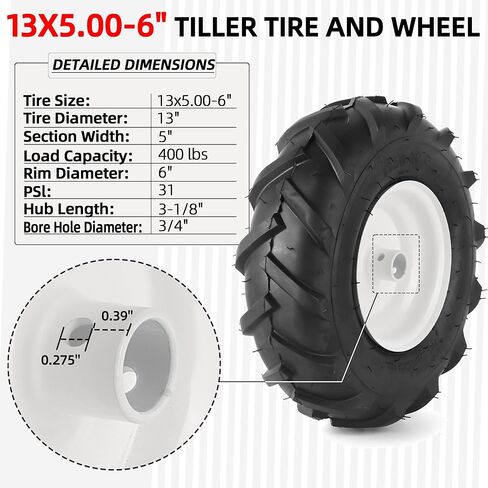 AR-PRO (2-Pack) 13x5.00-6 Tire and Wheel Assembly, 4-Ply Pneumatic Tiller Tires, 3/4" Bore & 3-1/8" Centered Hub, Compatible with Craftsman & Troy-Bilt Tiller, Garden Tractor, Trailer & Trenchers in Saudi Arabia