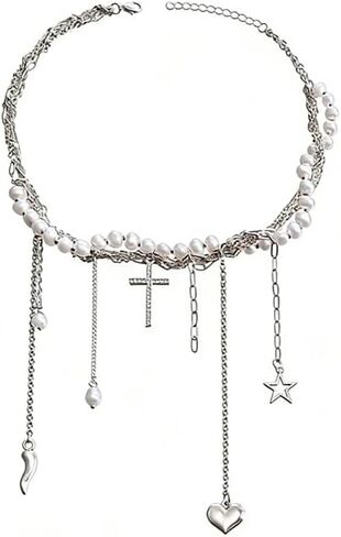 GIGB PBDK Silver Y2k Tassel Choker Necklace Long Adjustable Butterfly Cross Pendant Necklace Dainty Retro Jewelry Accessories Gifts for Women in Saudi Arabia
