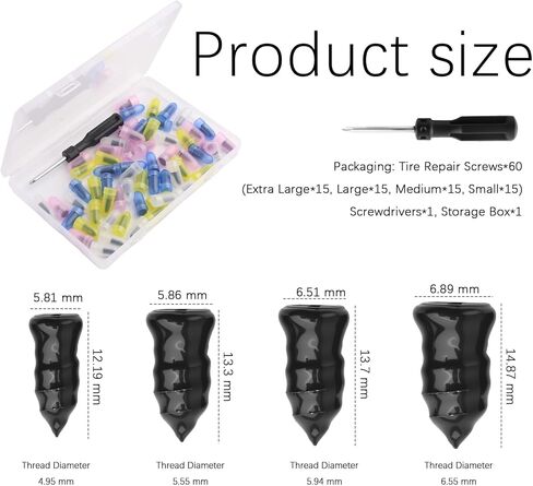 60PCS Screw in Tire Plugs Kit with 4-Size,Self-Service Tire Repair Rubber Nail Kit Includes Tires Screw Plugs & Screwdrivers,Universal Flat Tires Repair Kits for Cars,Motorcycles in Kuwait