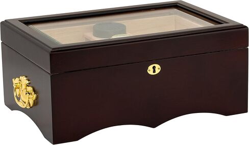 Desktop Humidor, Capri Elegant, Tempered Glasstop, Spanish Cedar Divider, Brass Ring Glass Hygrometer, Holds 25 to 50 Cigars in Saudi Arabia