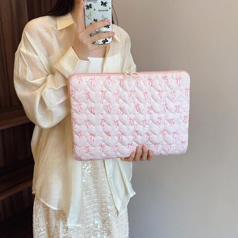 Cute Laptop Case 13-15 Inch Puffy Laptop Sleeve Quilted Bow Computer Bag Protective Soft Case for MacBook (Pink, 15-15.6 Inch) in Saudi Arabia