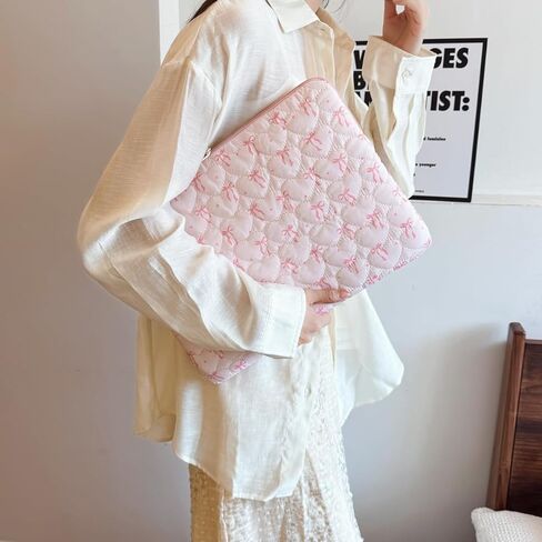 Cute Laptop Case 13-15 Inch Puffy Laptop Sleeve Quilted Bow Computer Bag Protective Soft Case for MacBook (Pink, 15-15.6 Inch) in Saudi Arabia