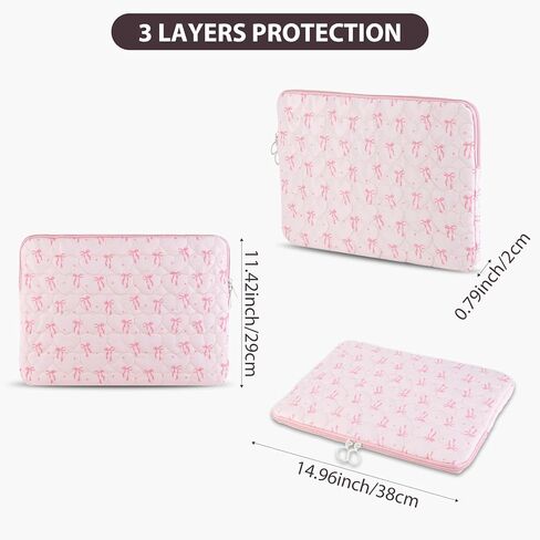 Cute Laptop Case 13-15 Inch Puffy Laptop Sleeve Quilted Bow Computer Bag Protective Soft Case for MacBook (Pink, 15-15.6 Inch) in Saudi Arabia