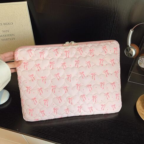 Cute Laptop Case 13-15 Inch Puffy Laptop Sleeve Quilted Bow Computer Bag Protective Soft Case for MacBook (Pink, 15-15.6 Inch) in Saudi Arabia