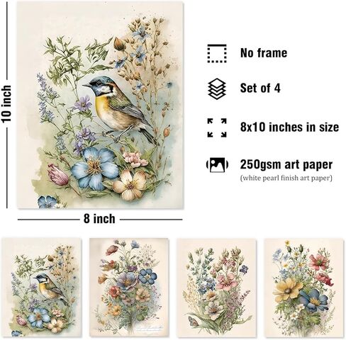 DSHFG خمر الأزهار Cottagecore ديكور جدار الفن، ديكور غرفة Cottagecore النباتية جدار الفن يطبع مجموعة من 4، زينة الربيع للمنزل الحمام غرفة نوم غرفة المعيشة المطبخ، 8x10 غير المؤطرة in Kuwait