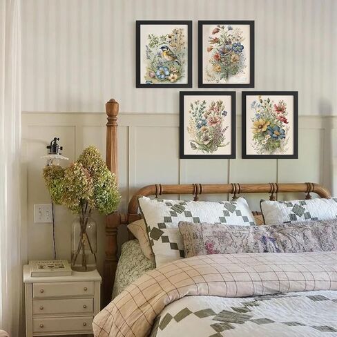 DSHFG خمر الأزهار Cottagecore ديكور جدار الفن، ديكور غرفة Cottagecore النباتية جدار الفن يطبع مجموعة من 4، زينة الربيع للمنزل الحمام غرفة نوم غرفة المعيشة المطبخ، 8x10 غير المؤطرة in Kuwait