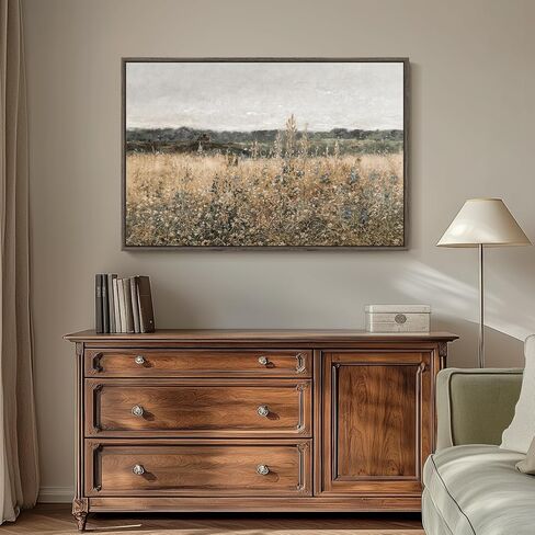 Framed Vintage Landscape Canvas Wall Art for Living Room Bedroom - Large Rustic Modern Farmhouse Meadow with Flowers Picture, Cottagecore Nature Art Decor for Dining Hallway Office, 24x36 Inch in Kuwait