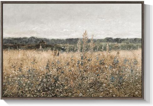 Framed Vintage Landscape Canvas Wall Art for Living Room Bedroom - Large Rustic Modern Farmhouse Meadow with Flowers Picture, Cottagecore Nature Art Decor for Dining Hallway Office, 24x36 Inch in Kuwait