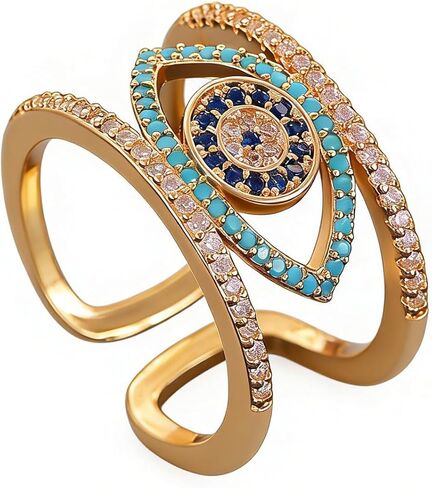 14K Gold Plated Evil Eye Rings for Women Rhinestone Evil Eye Rings Adjustable Open Evil Eye Ring in Kuwait