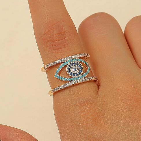 14K Gold Plated Evil Eye Rings for Women Rhinestone Evil Eye Rings Adjustable Open Evil Eye Ring in Kuwait