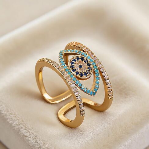 14K Gold Plated Evil Eye Rings for Women Rhinestone Evil Eye Rings Adjustable Open Evil Eye Ring in Kuwait