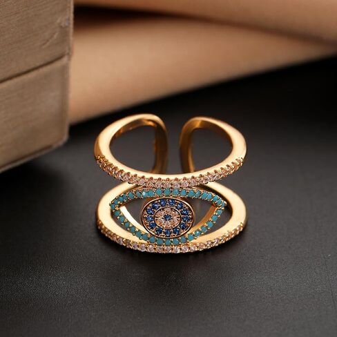 14K Gold Plated Evil Eye Rings for Women Rhinestone Evil Eye Rings Adjustable Open Evil Eye Ring in Kuwait