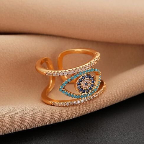 14K Gold Plated Evil Eye Rings for Women Rhinestone Evil Eye Rings Adjustable Open Evil Eye Ring in Kuwait
