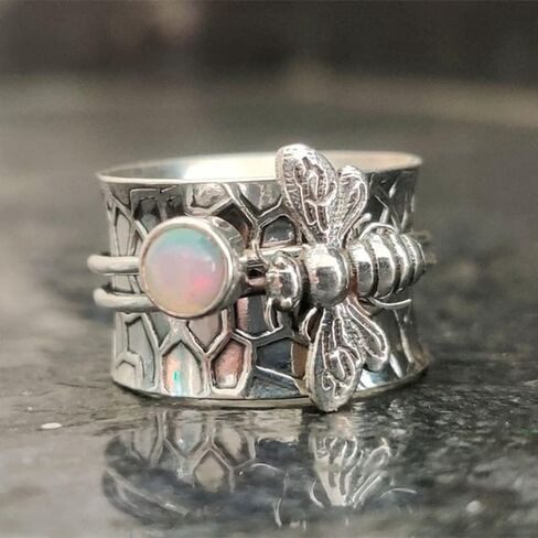 QUSIIOSLK Vintage 925 Silver Plated Bee Band Lab Created White Opal Ring Handmade Boho Animal Engrave Retro Natural Oval Shape Gemstone Ring Jewelry Gift for Women Size 6-10 7 in Saudi Arabia