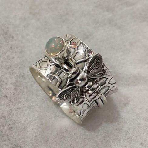 QUSIIOSLK Vintage 925 Silver Plated Bee Band Lab Created White Opal Ring Handmade Boho Animal Engrave Retro Natural Oval Shape Gemstone Ring Jewelry Gift for Women Size 6-10 7 in Saudi Arabia