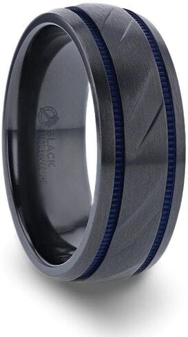 PATROL Black Titanium Carved Diagonal Pattern Brushed Finish Men’s Wedding Ring with Blue Milgrain Grooves – 8mm in Saudi Arabia