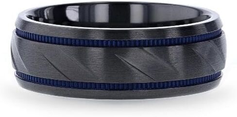 PATROL Black Titanium Carved Diagonal Pattern Brushed Finish Men’s Wedding Ring with Blue Milgrain Grooves – 8mm in Saudi Arabia