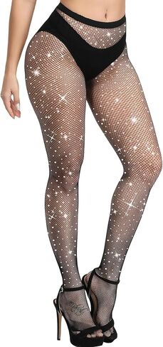 MEEZY Fishnet Stocking Rhinestone Tights for Adults, Sparkly Tights Reinforced High Waist Fishnet Stockings for Party in Kuwait