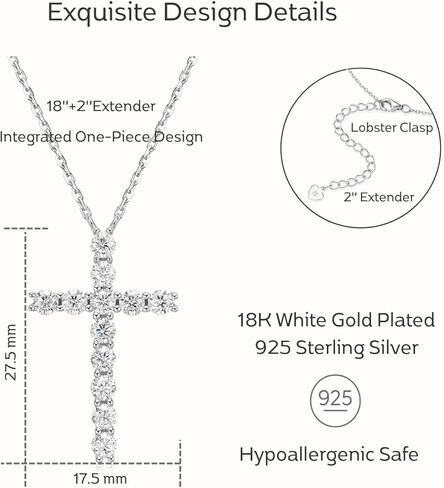 LOVE&LOVE Moissanite Cross Necklace Collection For Women Men, D Color VVS1 Moissanite Pendant, 18K White or Yellow Gold Plated 925 Sterling Silver Christian Religious Jewelry, Easter Gifts Her Him in Saudi Arabia