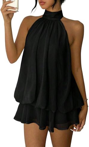 Women Elegant Sleeveless Backless Halter Tie Mini Dress Summer Ruffle Tiered Layered Pleated Chiffon Party Dress in Kuwait