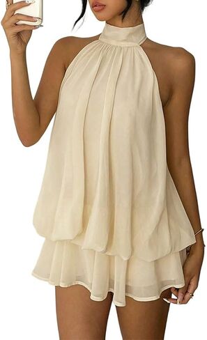 Women Elegant Sleeveless Backless Halter Tie Mini Dress Summer Ruffle Tiered Layered Pleated Chiffon Party Dress in Saudi Arabia