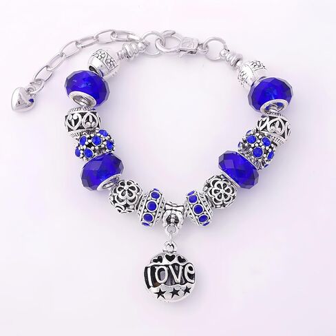 Silver Toned Charm Bracelet with Royal Blue Crystal Beads, European Style Snake Chain Bracelet with Safety Chain, Elegant Jewelry Gift for Women in Saudi Arabia