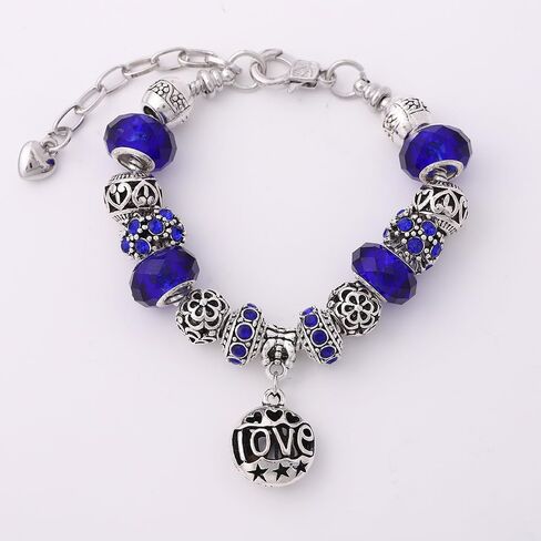 Silver Toned Charm Bracelet with Royal Blue Crystal Beads, European Style Snake Chain Bracelet with Safety Chain, Elegant Jewelry Gift for Women in Saudi Arabia