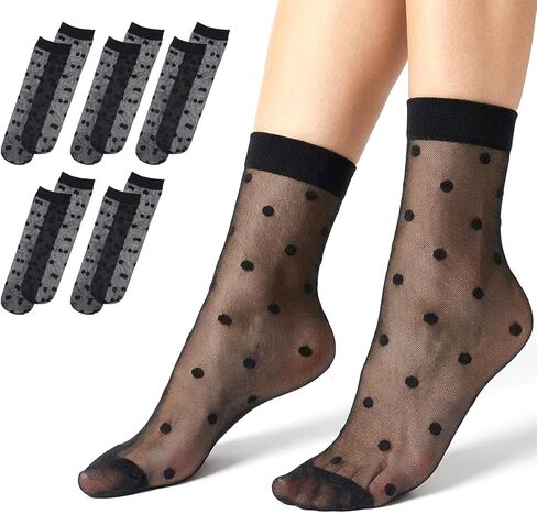 5 Pairs Women Sheer Ankle Socks, Black Sheer Polka Dot Socks, Thin Soft Reinforced Toes Stretchy Breathable Nylon Sock Mesh Dress Sock for Everyday Comfort in Saudi Arabia