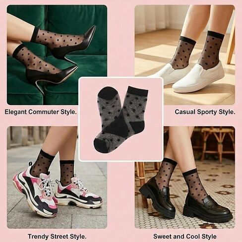 5 Pairs Women Sheer Ankle Socks, Black Sheer Polka Dot Socks, Thin Soft Reinforced Toes Stretchy Breathable Nylon Sock Mesh Dress Sock for Everyday Comfort in Saudi Arabia