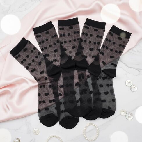 5 Pairs Women Sheer Ankle Socks, Black Sheer Polka Dot Socks, Thin Soft Reinforced Toes Stretchy Breathable Nylon Sock Mesh Dress Sock for Everyday Comfort in Saudi Arabia