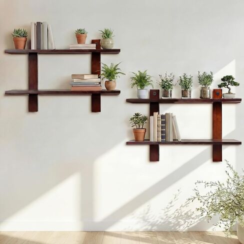 Floating Shelves for Wall Set of 2 Long 2 Tier Wood Wall Mounted Shelves Mid Century Modern Decorative Storage Plant Photo Display for Living Room Bedroom Kitchen Office Coffee Bar Decor in Saudi Arabia