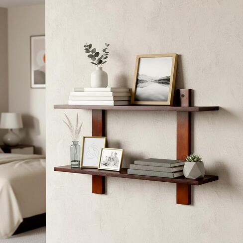 Floating Shelves for Wall Set of 2 Long 2 Tier Wood Wall Mounted Shelves Mid Century Modern Decorative Storage Plant Photo Display for Living Room Bedroom Kitchen Office Coffee Bar Decor in Saudi Arabia