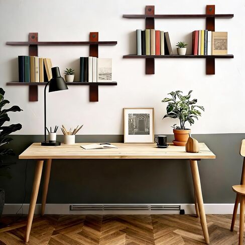 Floating Shelves for Wall Set of 2 Long 2 Tier Wood Wall Mounted Shelves Mid Century Modern Decorative Storage Plant Photo Display for Living Room Bedroom Kitchen Office Coffee Bar Decor in Saudi Arabia