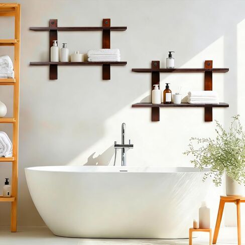 Floating Shelves for Wall Set of 2 Long 2 Tier Wood Wall Mounted Shelves Mid Century Modern Decorative Storage Plant Photo Display for Living Room Bedroom Kitchen Office Coffee Bar Decor in Saudi Arabia