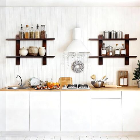 Floating Shelves for Wall Set of 2 Long 2 Tier Wood Wall Mounted Shelves Mid Century Modern Decorative Storage Plant Photo Display for Living Room Bedroom Kitchen Office Coffee Bar Decor in Saudi Arabia