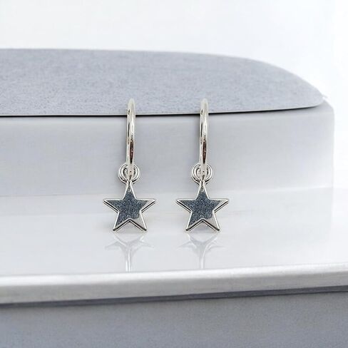 925 Solid Sterling Silver Faceted Sleeper Hoop Earrings For Women | Silver Star Drop Dangle Charm Earring - Mini Silver Star Hoops in Kuwait
