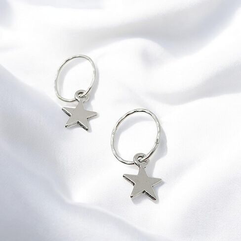 925 Solid Sterling Silver Faceted Sleeper Hoop Earrings For Women | Silver Star Drop Dangle Charm Earring - Mini Silver Star Hoops in Kuwait