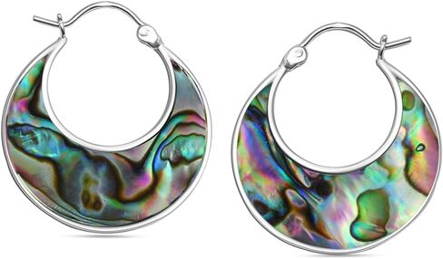 LeCalla Abalone Shell Earrings - 925 Sterling Silver Abalone Shell Hoop Earrings for Women | Gemstone Bali Hoops Dangling Earring Jewelry Gifts for Friend Sister Mother Wife Her 25MM in Saudi Arabia