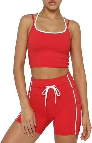 YOINS طقم تمرين نسائي مكون من قطعتين حمالة صدر رياضية لليوجا وسروال قصير لراكبي الدراجات النارية عالي الخصر قابل للتعديل مع جيوب in Kuwait