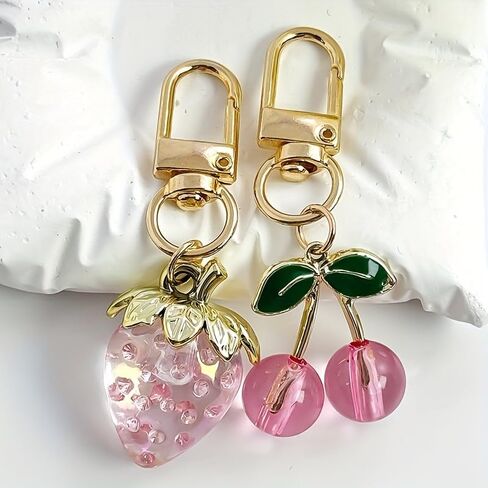 Cute Simulation Resin Fruit Keychain 2PCS - Strawberry/Cherry Bag Charm for Wallet/Bag Decoration in Saudi Arabia
