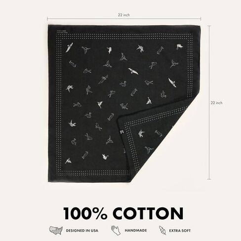 باندانا - منديل قطن 100%، وشاح رأس ناعم للاستخدام الخارجي للرجال والنساء - طيور أوريغامي (أسود) in Kuwait