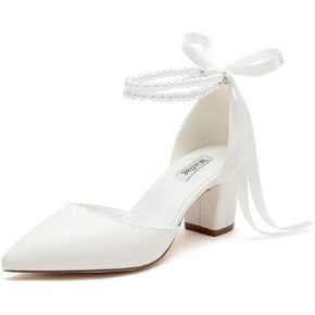 Pearl Wedding Shoes for Bride Block Heel Bridal Shoes Pointed Toe Wedding Heels