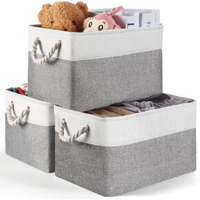 Storage Basket (3 Pack), Fabric Storage Bins 15" (L) x11" (W) x9.5" (H) for Shelves, Foldable Large Canvas Storage Baskets with Handle for Organizing Clothes Nursery Laundry-White&Grey