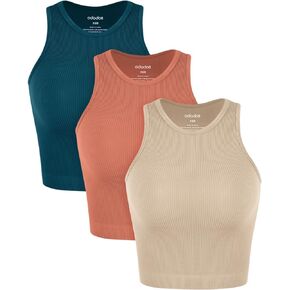 ODODOS 3-Pack Seamless Crop Tank for Women Ribbed Soft High Neck Cropped Tops