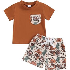 Western Baby Boy Summer Clothes Short Sleeve T-shirt with Elastic Waist Shorts Set Summer Outfit 2Pcs