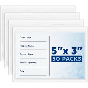 MIFFLIN-USA Index Card Holder (3x5", 50 Pack), Clear Self-Adhesive Card Pockets, Label Holders for Organizing Storage Bins & Containers, Plastic Sleeves for Protecting Cards & Labels