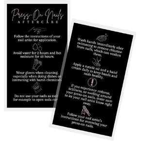 Press-On Nails Aftercare Card | 50 Pack | 2x3.5" inches Business Card | Add to Press-On Kit | Black and Pink Design